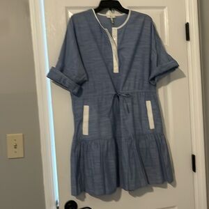 XS Joie Ecidra Cotton Chambray Tie Waist Tiered Pocket Pullover Mini Dress